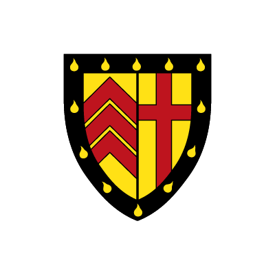 arms of Elizabeth and of Clare College: or three chevrons gules, impaling or a cross gules, all within a bordure sable gouttee d'or